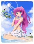  1girl absurdres beach blue_eyes blue_sky breasts clouds commentary food highres hiroki_(vvkagerouvvr2) kaizou_(yu-gi-oh!_sevens) kamijou_tatsuhisa kirishima_romin long_hair looking_at_viewer oudou_yuga palm_tree pink_shirt popsicle purple_hair red_skirt shirt skirt sky small_breasts solo_focus sougetsu_gakuto tree very_long_hair yu-gi-oh! yu-gi-oh!_sevens 