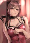  1girl bare_arms brown_eyes brown_hair closed_mouth hair_between_eyes highres kilye_kairi leotard looking_at_viewer original red_leotard short_hair smile smug solo upper_body 