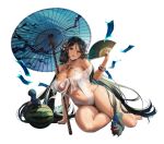  1girl ahoge artist_request bari_(destiny_child) black_hair blue_hair blue_nails bracelet breasts destiny_child food fruit hair_ornament hand_fan holding holding_fan huge_breasts jewelry lips long_hair low_twintails multicolored_hair nail_polish official_art ofuda oil-paper_umbrella one-piece_swimsuit parted_lips sitting squirrel swimsuit toenail_polish toenails transparent_background twintails umbrella very_long_hair watermelon white_swimsuit yellow_eyes 