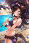  1girl absurdres animal_ears black_hair blue_flower blue_rose chair commentary flower focused frilled_umbrella gothic hair_over_one_eye headband highres holding holding_umbrella horse_ears horse_girl horse_tail long_hair looking_at_viewer lounge_chair petals pool poolside rice_shower_(umamusume) rose shashaki solo swimsuit tail umamusume umbrella violet_eyes water wrist_cuffs 