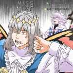  2boys anger_vein annoyed artist_request blue_eyes bob_cut butterfly_wings cape circlet collar fate/grand_order fate_(series) finger_in_ear frilled_collar frills gameplay_mechanics merlin_(fate) multiple_boys oberon_(fate) silver_hair staff wings 