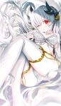  1girl bra breasts dragon_girl dragon_horns elbow_gloves fate/grand_order fate_(series) gloves grey_hair highres horns kiyohime_(fate) large_breasts morizono_shiki multiple_horns one_eye_closed panties red_eyes solo thigh-highs underwear underwear_only white_bra white_gloves white_legwear white_panties 
