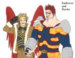  2boys armor beard blonde_hair blue_bodysuit blue_eyes bodysuit boku_no_hero_academia couple facial_hair hawks_(boku_no_hero_academia) highres holding_hands jo_tuesday19 large_pectorals male_focus mature_male multiple_boys muscular muscular_male pauldrons pectorals red_wings redhead scar scar_across_eye short_hair shoulder_armor sideburns spiky_hair stubble todoroki_enji wings 