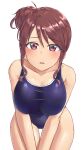  1girl aimobake bad_id bad_twitter_id bangs blue_swimsuit breasts brown_hair commentary_request covered_navel cowboy_shot eyebrows_visible_through_hair highres idolmaster idolmaster_cinderella_girls large_breasts leaning_forward looking_at_viewer mifune_miyu obake one-piece_swimsuit school_swimsuit short_hair side_bun sidelocks simple_background solo standing swimsuit thigh_gap v_arms violet_eyes wet white_background 