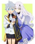  1boy 1girl alternate_costume ascot bangs black_shorts blue_cape blue_dress blue_eyes blush buttons cape commentary_request dress eyebrows_visible_through_hair fairy_knight_lancelot_(fate) fate/grand_order fate_(series) flower formal frilled_dress frilled_skirt frills grey_hair hair_between_eyes hands_on_another&#039;s_shoulders height_difference highres long_hair looking_at_viewer open_mouth percival_(fate) pirohi_(pirohi214) pointy_hair rose short_hair short_shorts shorts sidelocks signature skirt smile suit teeth white_flower white_hair white_neckwear white_rose yellow_eyes younger 