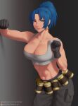  1girl abs adjusting_clothes bare_shoulders belt biceps black_gloves blue_eyes blue_hair breasts collarbone earrings eyes gas_can gloves highres jewelry leona_heidern midriff muscular muscular_female pants ponytail pouch putcher simple_background single_glove sleeveless smile solo standing tank_top the_king_of_fighters the_king_of_fighters_xv triangle_earrings white_tank_top 