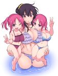  3girls :o ;d barefoot bikini black_hair blue_bikini breasts brown_eyes carrying commentary_request cool-kyou_shinja eyebrows_visible_through_hair frilled_bikini frills hair_between_eyes hair_ornament hair_scrunchie hand_up highres large_breasts looking_at_viewer multiple_girls navel one_eye_closed open_mouth original partially_submerged pink_eyes pink_hair purple_bikini red_bikini scrunchie short_hair simple_background smile swimsuit toes twintails v water white_background yellow_scrunchie 