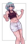  1girl abs absurdres artist_name blue_eyes blue_hair blush clenched_hand collarbone crop_top danboii highres looking_at_viewer muscular muscular_female navel open_mouth sei_asagiri short_hair shorts simple_background sweat tank_top va-11_hall-a 