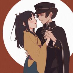  2girls bangs black_cloak black_eyes black_hair black_headwear black_jacket black_pants blue_skirt blush circle cloak closed_mouth commentary_request dai_gyakuten_saiban dai_gyakuten_saiban_2 eye_contact gyakuten_saiban hair_bun hand_on_another&#039;s_back hat highres holding_hands jacket japanese_clothes kimono long_hair looking_at_another mikotoba_susato military_hat multiple_girls murasame_haori pants parted_lips ponytail red_background sanshuixi sidelocks skirt sparkling_eyes two-tone_background white_background yellow_kimono yuri 