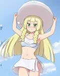  1girl :t =3 arms_up bangs bikini bikini_bottom blonde_hair blunt_bangs blush braid breasts closed_mouth clouds collarbone commentary_request day eyelashes green_eyes hands_on_headwear hat highres lillie_(pokemon) long_hair looking_at_viewer mockingeu navel outdoors pokemon pokemon_(game) pokemon_sm pout skirt sky solo sun_hat swimsuit twin_braids water water_drop white_headwear white_skirt 