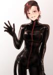 1girl arm_at_side blush bodysuit breasts brown_eyes brown_hair buzz_cut contrapposto cowboy_shot highres kilye_kairi large_breasts latex latex_bodysuit looking_at_viewer original short_hair simple_background skin_tight smile solo very_short_hair waving white_background 