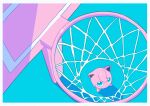  absurdres basketball_hoop blue_eyes border bright_pupils commentary_request from_above gen_1_pokemon highres jigglypuff looking_up no_humans pokemon pokemon_(creature) saiku_(zvlku) shiny solo standing white_border white_pupils 