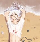  1boy arms_up chain collarbone dangan_ronpa_(series) dangan_ronpa_2:_goodbye_despair english_commentary from_above hair_between_eyes komaeda_nagito looking_at_viewer lying male_focus midriff navel on_back print_shirt sand shell shirt smile solo starfish t-shirt twitter_username upper_body water white_hair yandr4hope 