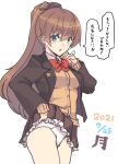  1girl blazer brown_hair brown_jacket brown_skirt cardigan clothes_lift commentary_request cowboy_shot frilled_skirt frills green_eyes jacket kantai_collection kumano_(kancolle) long_hair nakadori_(movgnsk) panties pleated_skirt ponytail simple_background skirt skirt_lift solo translation_request underwear white_background white_panties 