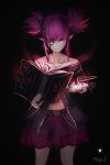  1girl arknights artist_name bangs bare_shoulders belt black_background black_belt black_shirt book collarbone commentary_request cowboy_shot dagger eyepatch highres holding holding_book horns jewelry jianqiye knife lava_(arknights) looking_at_viewer miniskirt necklace off-shoulder_shirt off_shoulder pointy_ears purple_hair purple_skirt shirt short_hair sidelocks signature simple_background skirt solo standing stomach twintails violet_eyes weapon 