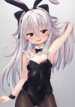  1girl :d absurdres animal_ears arm_behind_head arm_up bangs black_hairband black_legwear black_leotard blush breasts earrings eyebrows_visible_through_hair fake_animal_ears grey_background grey_hair hair_between_eyes hairband hand_in_hair highres ikazu401 jewelry leotard long_hair open_mouth original pantyhose playboy_bunny rabbit_ears red_eyes simple_background small_breasts smile solo strapless strapless_leotard two_side_up very_long_hair wrist_cuffs 