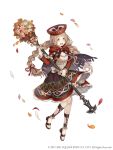  1girl :d blonde_hair bouquet braid breasts cloak flower full_body hair_ribbon hat highres holding holding_staff ji_no little_red_riding_hood_(sinoalice) long_hair looking_at_viewer official_art open_mouth orange_eyes petals ribbon sandals sinoalice small_breasts smile solo square_enix staff twin_braids upper_teeth white_background 
