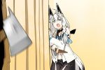  1girl ahoge animal_ears axe black_shorts braid fox_ears fox_girl fox_tail green_eyes highres hololive key kitchen_knife knife motion_blur navel open_mouth parody shirakami_fubuki shorts side_braid solo tail tears tenbin_gashira the_shining virtual_youtuber white_hair wide_sleeves 