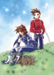  brown_hair father_and_son kratos_aurion lloyd_irving short_hair simple_background tales_of_symphonia 