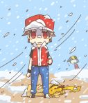  bad_id baseball_cap black_hair blizzard brown_hair cap_backwards cold gold_(pokemon) hat lowres nintendo pikachu poke_ball pokemon pokemon_(game) pokemon_gsc pokemon_rgby popped_collar red_(pokemon) red_(pokemon)_(remake) red_eyes ryolove snow wristband 