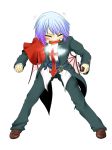  closed_eyes cosplay coughing formal gradient_hair guilty_gear multicolored_hair open_mouth pant_suit pipe radia remilia_scarlet slayer slayer_(cosplay) slayer_(guilty_gear) smoke smoking solo suit touhou vampire wings 