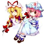  bow closed_fan fan folding_fan gap hair_bow hat hitodama kiri_futoshi long_hair lowres pink_hair red_eyes ribbon saigyouji_yuyuko short_hair simple_background sitting sleeves_past_wrists smile touhou yakumo_yukari 