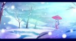  fujiwara_no_mokou hair_bow ibaba landscape long_hair oriental_umbrella scarf silver_hair snow suspenders touhou umbrella 