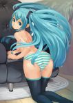  aqua_eyes aqua_hair ass bad_id bent_over hatsune_miku highres kneeling long_hair looking_back panties smile solo striped striped_panties thighhighs tko_(hhan) topless twintails underwear very_long_hair vocaloid 
