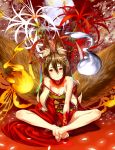  bare_shoulders barefoot bow brown_hair feet fire flat_chest flower hair_ornament highres japanese_clothes kimono legs multiple_tails original petals red_eyes short_hair sitting smile solo tail tissue_(pixiv) wings 