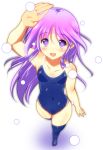  bulge from_above happiness! highres long_hair one-piece_swimsuit perspective purple_eyes purple_hair swimsuit taigi_akira thigh-highs thighhighs trap violet_eyes watarase_jun 