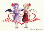  2girls amano_miyabi blonde_hair flandre_scarlet hat highres purple_hair red_eyes remilia_scarlet siblings sisters touhou wings 