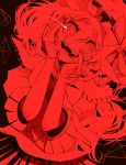  crazy_eyes fangs flandre_scarlet hands_on_own_face hat head_tilt monochrome red shirako_mugi simple_background smile touhou 