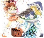  bad_id blonde_hair bow box braid brown_hair detached_sleeves donation_box gun hair_bow hakurei_reimu hat kirisame_marisa ppera red_eyes short_hair thigh-highs thighhighs touhou waitress weapon witch_hat yellow_eyes 