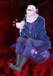  1boy bel_(dokidoki!_precure) between_fingers boots candy ckhunge3 dokidoki!_precure glasses head_wings jacket lollipop male mouth_hold old_man pants precure red_background scarf sitting smile solo white_hair yellow_eyes 