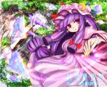  1girl bracelet cloak dress earrings hat jewelry long_hair looking_away low-tied_long_hair magician moniringo nail_polish patchouli_knowledge purple_hair striped striped_dress touhou vertical_stripes violet_eyes 