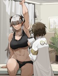  2girls a_boaba arknights arm_up armpits bangs bare_arms bare_shoulders black_panties black_sports_bra blush breasts brown_eyes brown_hair chinese_commentary clipboard closed_mouth collarbone commentary_request curtains dragon_horns hand_on_another&#039;s_arm highres holding holding_clipboard horns indoors labcoat large_breasts long_hair looking_at_another looking_away multiple_girls navel panties plant potted_plant rhine_lab_logo saria_(arknights) short_hair silence_(arknights) silver_hair sitting sports_bra steam stomach sweat underwear 