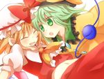  blonde_hair blush cravat fang flandre_scarlet green_eyes hat komeiji_koishi midriff multiple_girls navel surprised touhou zawameki 