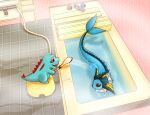  bath bathroom bubble crocodile dog dolphin fangs feet_in_water fins fish head_fins josei_(artist) no_humans pokemon pokemon_(creature) pokemon_(game) pokemon_gsc pokemon_rgby red_eyes shadow shower shower_head soaking_feet spikes splash steam swimming tail totodile vaporeon wading water wet 