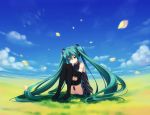  aqua_eyes aqua_hair boots cloud detached_sleeves fisheye hatsune_miku headphones leg_hug legs long_hair looking_down meadow necktie panties pantyshot pantyshot_sitting senji_(artist) senji_(tegone_spike) sitting sky solo thigh-highs thigh_boots thighhighs twintails underwear very_long_hair vocaloid 