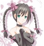  ar_tonelico ar_tonelico_i bad_id bare_shoulders black_hair bow braid detached_sleeves elbow_gloves gloves green_eyes gust hair_bow hair_ribbon hands_clasped long_hair misha_arsellec_lune ribbon shizufa solo twin_braids 