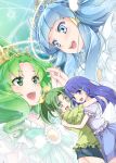  4girls aoki_reika blue_eyes blue_hair bow brooch colored_eyelashes cure_beauty cure_march dual_persona green_eyes green_hair hair_tubes holding_hands hug jewelry long_hair magical_girl midorikawa_nao multiple_girls payot ponytail precure princess_form_(smile_precure!) ribbon shinohara_shinome shirt short_hair shorts smile smile_precure! tiara 