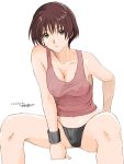  breasts brown_eyes brown_hair cleavage erect_nipples original ryouzou short_hair signature simple_background solo 