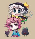  blue_eyes chibi hairband hat heart heart_of_string kabayaki_unagi kaenbyou_rin kaenbyou_rin_(cat) komeiji_koishi komeiji_satori open_mouth pink_eyes pink_hair reiuji_utsuho reiuji_utsuho_(bird) short_hair siblings sisters sitting skirt smile touhou white_hair |_| 