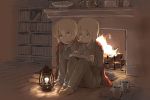  blanket blonde_hair blue_eyes book bookshelf cup dark drink erica_hartmann fire fireplace futenesira glasses lantern mug pajamas portrait_(object) reading short_hair siblings sisters socks strike_witches tray twins ursula_hartmann wooden_floor 