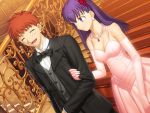  breasts cleavage dress earrings elbow_gloves emiya_shirou fate/hollow_ataraxia fate/stay_night fate_(series) formal game_cg gloves good_end jewelry matou_sakura necklace pearl purple_hair suit takeuchi_takashi when_you_see_it 