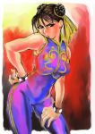  1girl brown_eyes brown_hair china_dress chinese_clothes chun-li eyeshadow gradient_background hase_tsubura solo street_fighter 