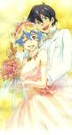  1girl bridal_veil bride couple dress flower highres nia_teppelin official_art shinagawa_hiroki simon smile tengen_toppa_gurren_lagann tuxedo veil wedding wedding_dress 