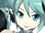  aqua_eyes aqua_hair close-up face hand_on_ear hand_on_headphones hatsune_miku headphones headset ixy nail_polish portrait tongue tsurime vocaloid 