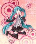  alloces aqua_hair boots closed_eyes detached_sleeves hatsune_miku highres kneeling legs long_hair microphone necktie singing skirt smile solo thigh-highs thigh_boots thighhighs twintails very_long_hair vocaloid zettai_ryouiki 