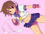  brown_eyes brown_hair buruma capcom dutch_angle fingerless_gloves gloves headband highres isktmz kasugano_sakura school_uniform serafuku short_hair skirt street_fighter 